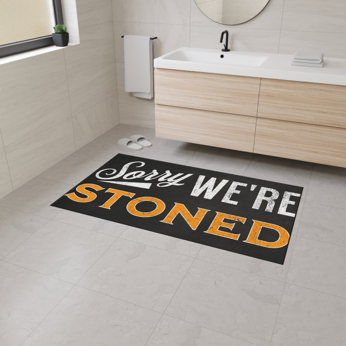 Funny Heavy Duty Floor Mat - "Sorry We're Stoned" - Great for Home, Gifts, Parties, Entertaining, Kitchen Decor - Stoner Designz