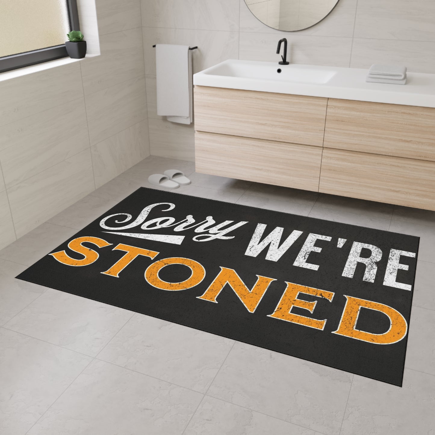 Funny Heavy Duty Floor Mat - "Sorry We're Stoned" - Great for Home, Gifts, Parties, Entertaining, Kitchen Decor - Stoner Designz