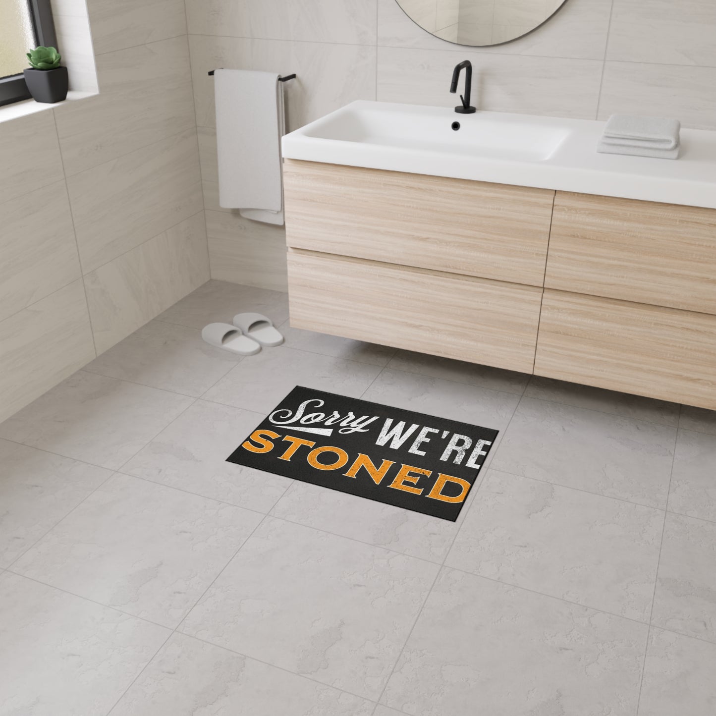 Funny Heavy Duty Floor Mat - "Sorry We're Stoned" - Great for Home, Gifts, Parties, Entertaining, Kitchen Decor - Stoner Designz