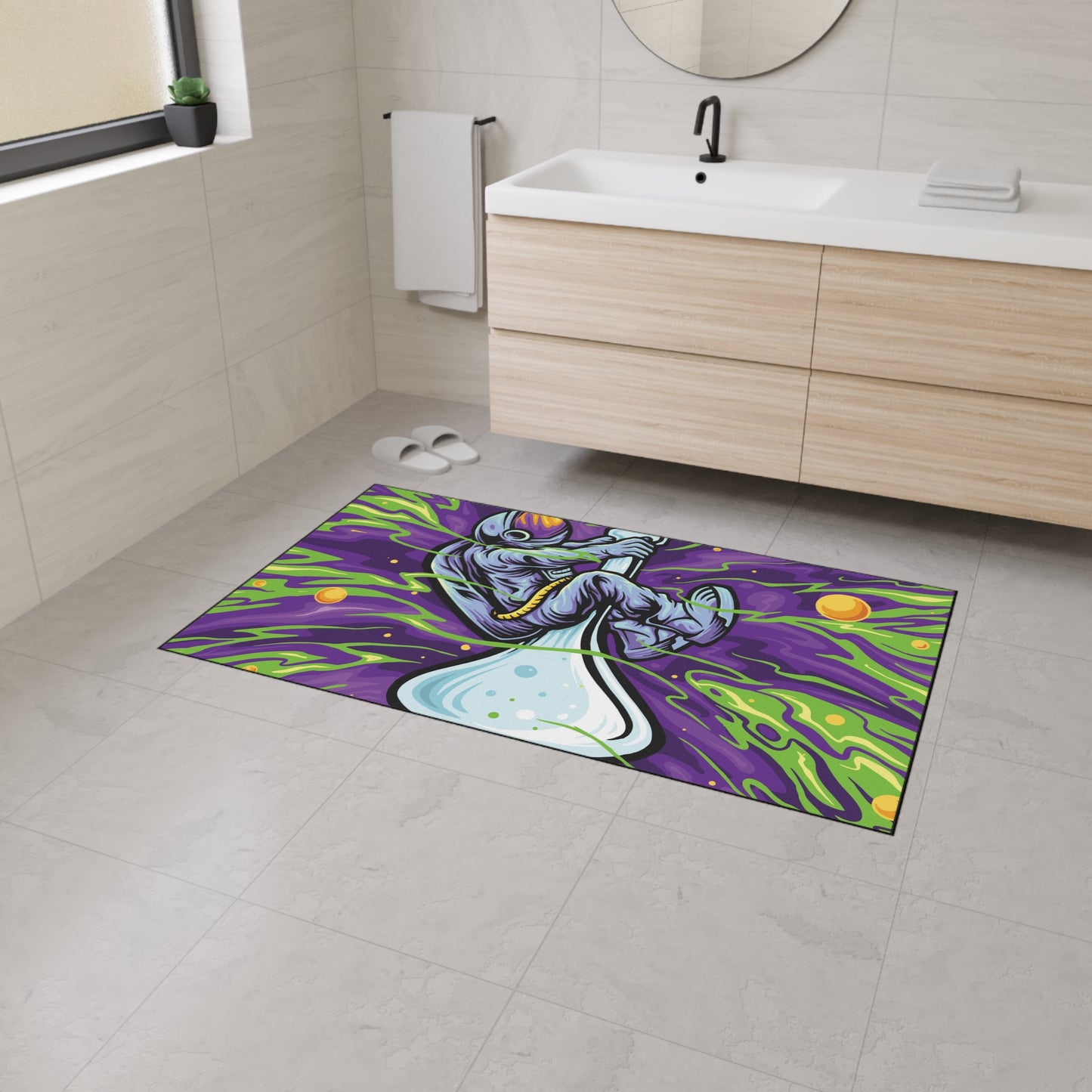 Floor Mat - Astronaut Adventure with Bong, Spaceship Home Decor, Galaxy Gift Idea, Alien Invasion Area Rug, Space Floor Covering - Stoner Designz