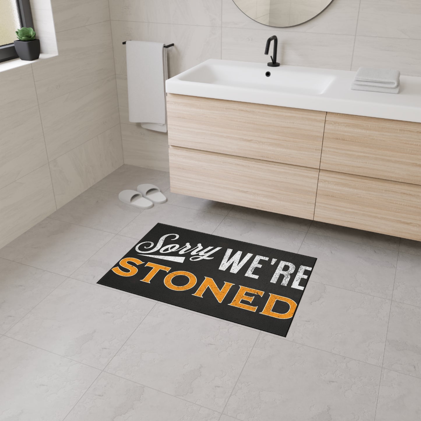 Funny Heavy Duty Floor Mat - "Sorry We're Stoned" - Great for Home, Gifts, Parties, Entertaining, Kitchen Decor - Stoner Designz
