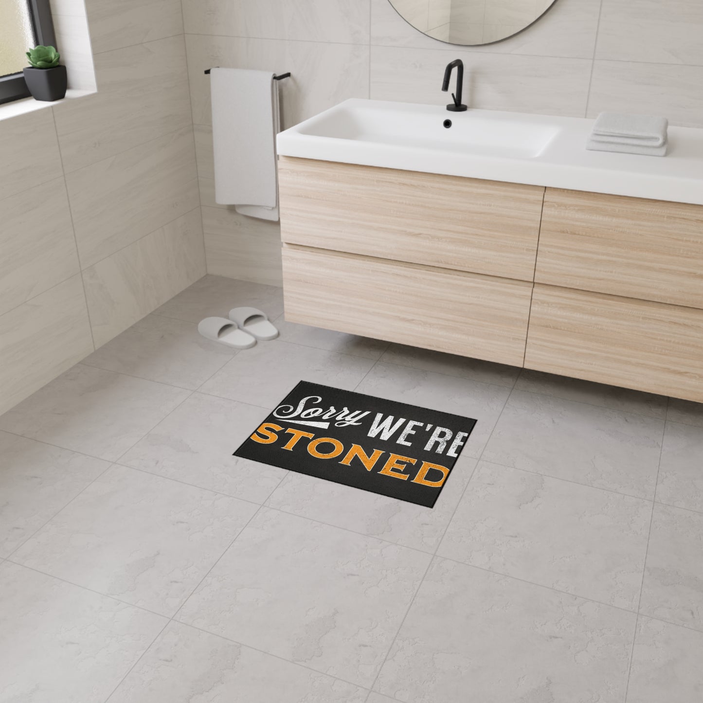 Funny Heavy Duty Floor Mat - "Sorry We're Stoned" - Great for Home, Gifts, Parties, Entertaining, Kitchen Decor - Stoner Designz