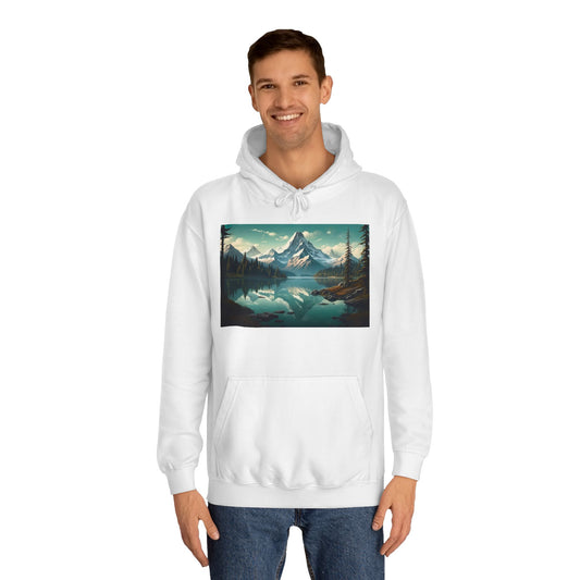 Mountain Reflection Unisex College Hoodie, Cozy Pullover Sweatshirt, Perfect Gift for Students, Nature Lover Apparel, Autumn and Winter