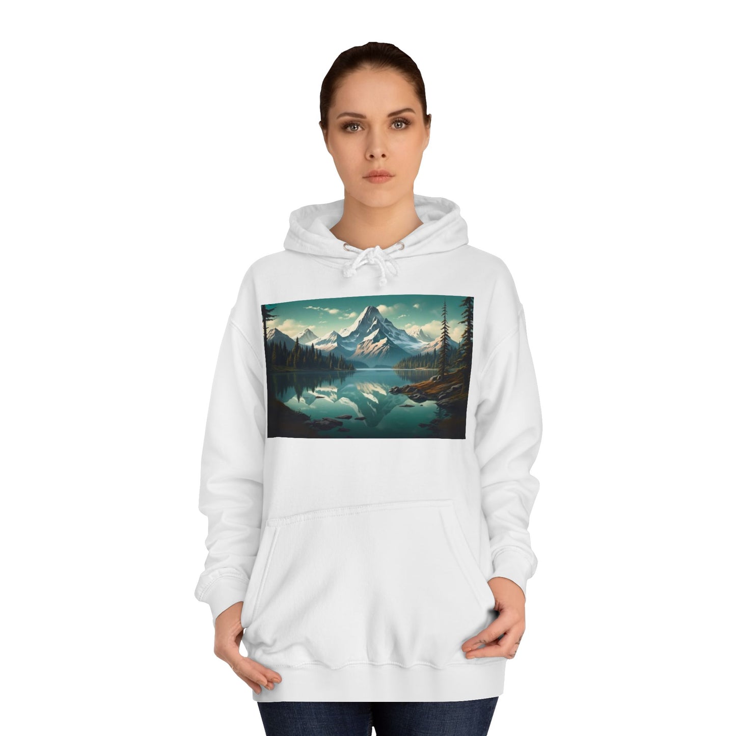 Mountain Reflection Unisex College Hoodie, Cozy Pullover Sweatshirt, Perfect Gift for Students, Nature Lover Apparel, Autumn and Winter